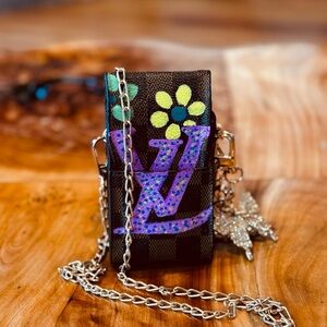 Louis Vuitton repurpose handpainted converted cigarette case brown DAMIER canvas
